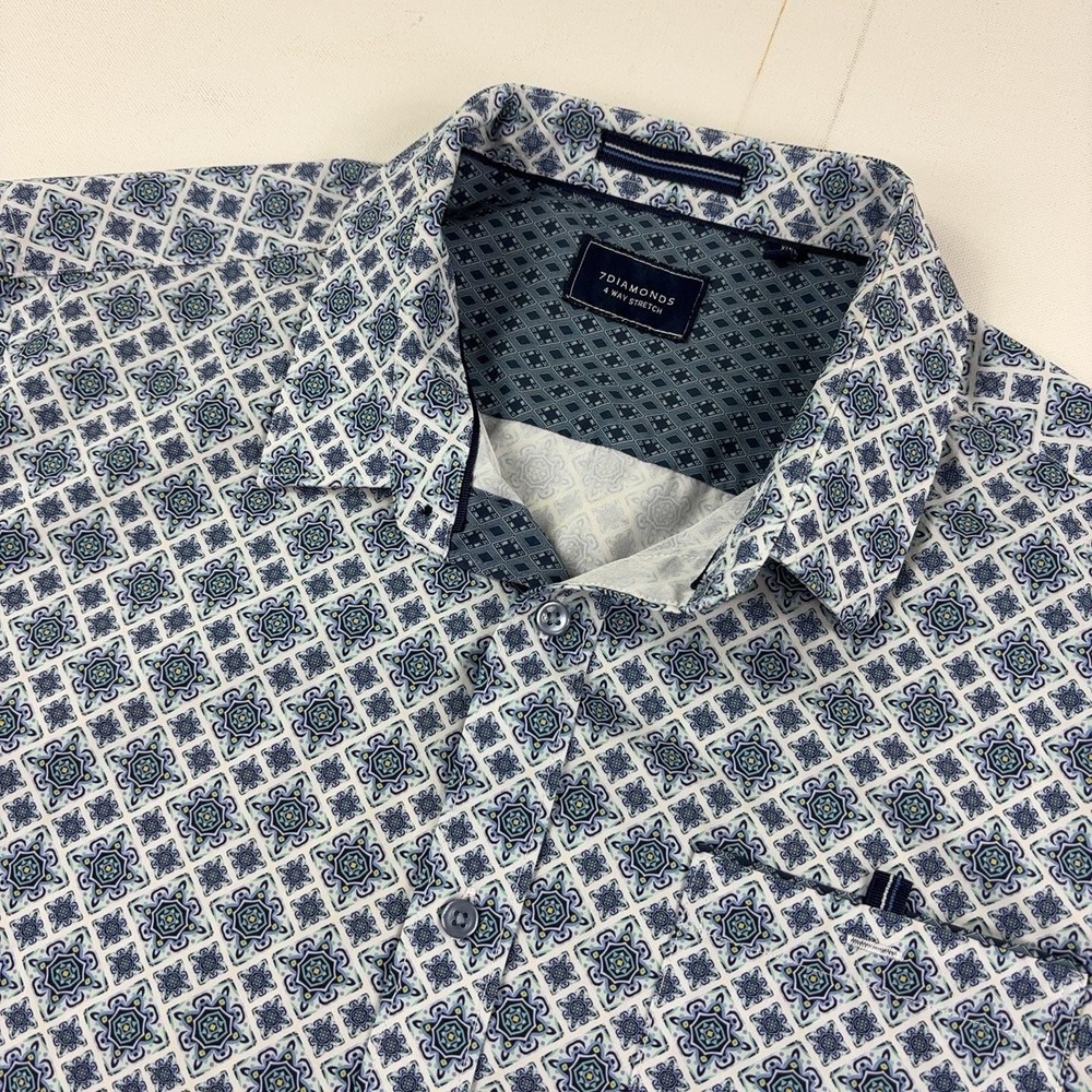 7 Diamonds 4 Way Stretch Shirt Mens XL Blue Geometric Short Sleeve Button Up